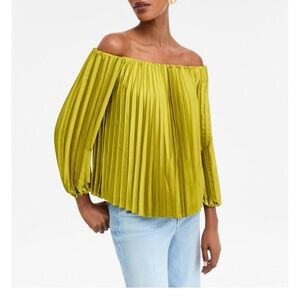 INC International Concepts Pleated Off-Shoulder Blouse in Lime Green